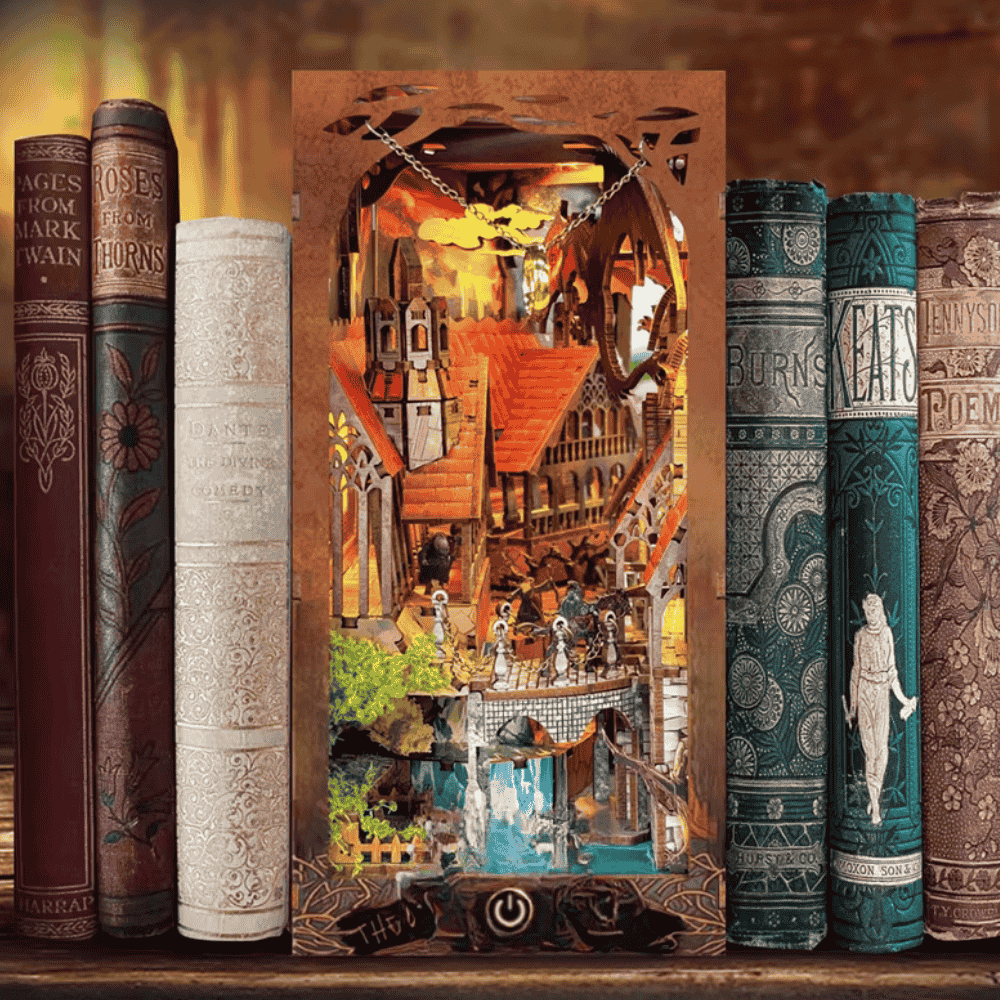 tolkien fantasy diorama miniature red rooftops turquoise water iron chain bridge armored figures amber glow