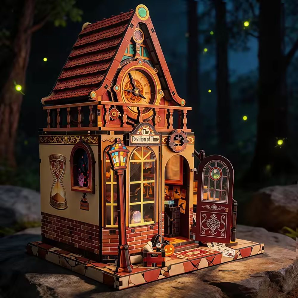 wheel of time magic house 3d wooden puzzle steampunk clock tower pavilion of time jack-o-lanterns spiral staircase warm LED