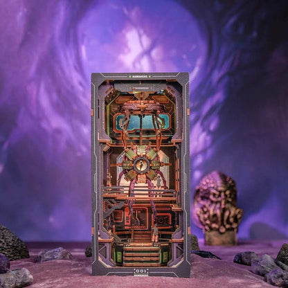 Upper level of Eye of Old God book nook — alien containment zone with Experiment 001 figure and monitoring equipment
