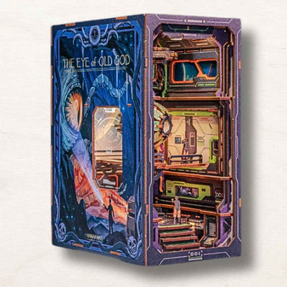 Eye of Old God book nook lit at night — Martian research base with warm LED glow and alien creature visible