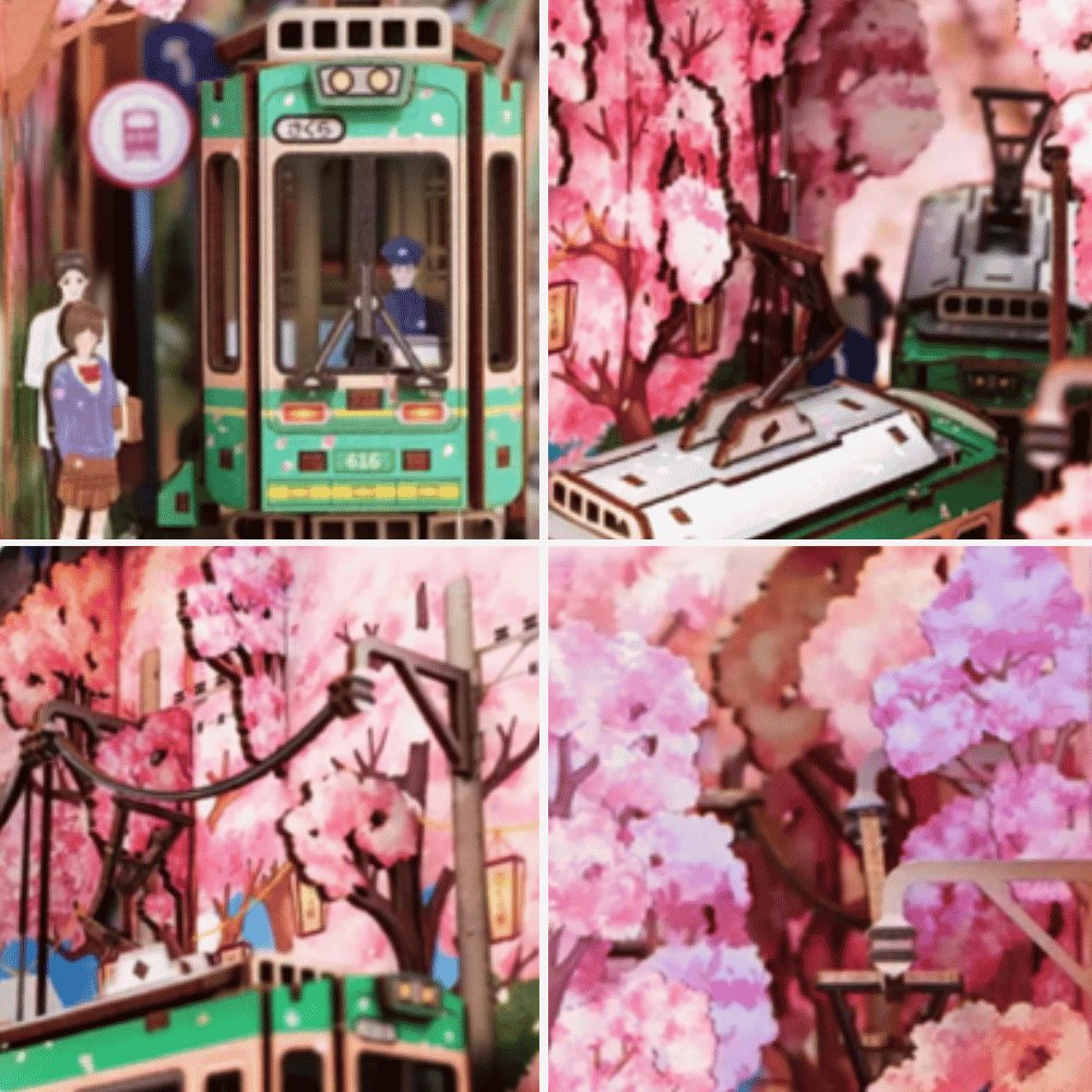 A book nook evoking Japan, featuring cherry blossoms, a Japanese train, and a schoolgirl in uniform.