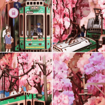 A book nook evoking Japan, featuring cherry blossoms, a Japanese train, and a schoolgirl in uniform.