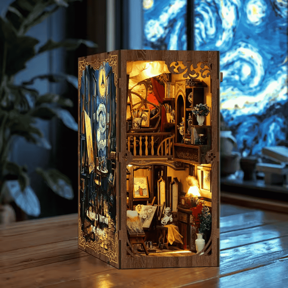van gogh studio book nook starry night side panel 2 level artist atelier warm LED easels canvase
