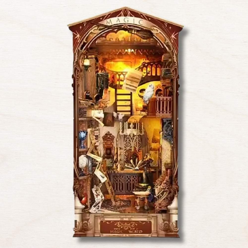 Magic World book nook LED lit at night  warm amber multi-zone lighting on wizard study scrolls and owl