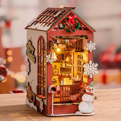 A photo book showing the interior of a house celebrating Christmas.