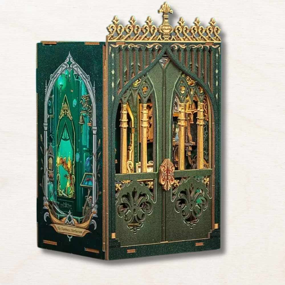 Dark green walls with dark gold and silver accents. Shelves lined with exotic plant and animal specimens, each one possessing unique magical abilities. 