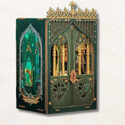 Dark green walls with dark gold and silver accents. Shelves lined with exotic plant and animal specimens, each one possessing unique magical abilities. 