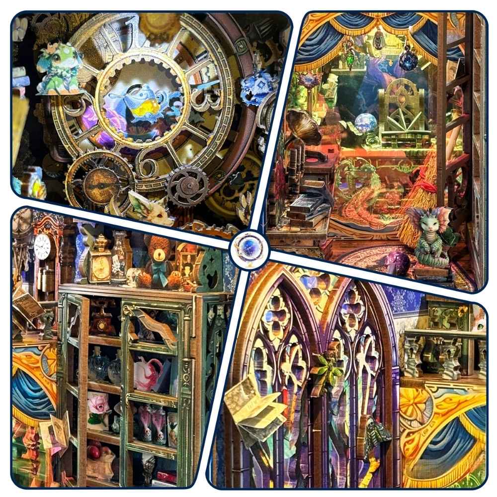 Fantasy Store book nook LED lit at night — cosmic blue glow on two-level alchemist fantasy shop