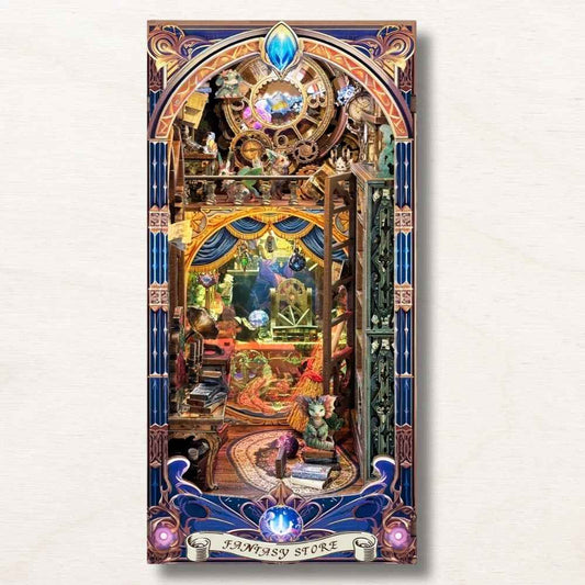 Fantasy Store book nook DIY assembled — alchemist magic shop with blue gold arch and emerald display cabinet