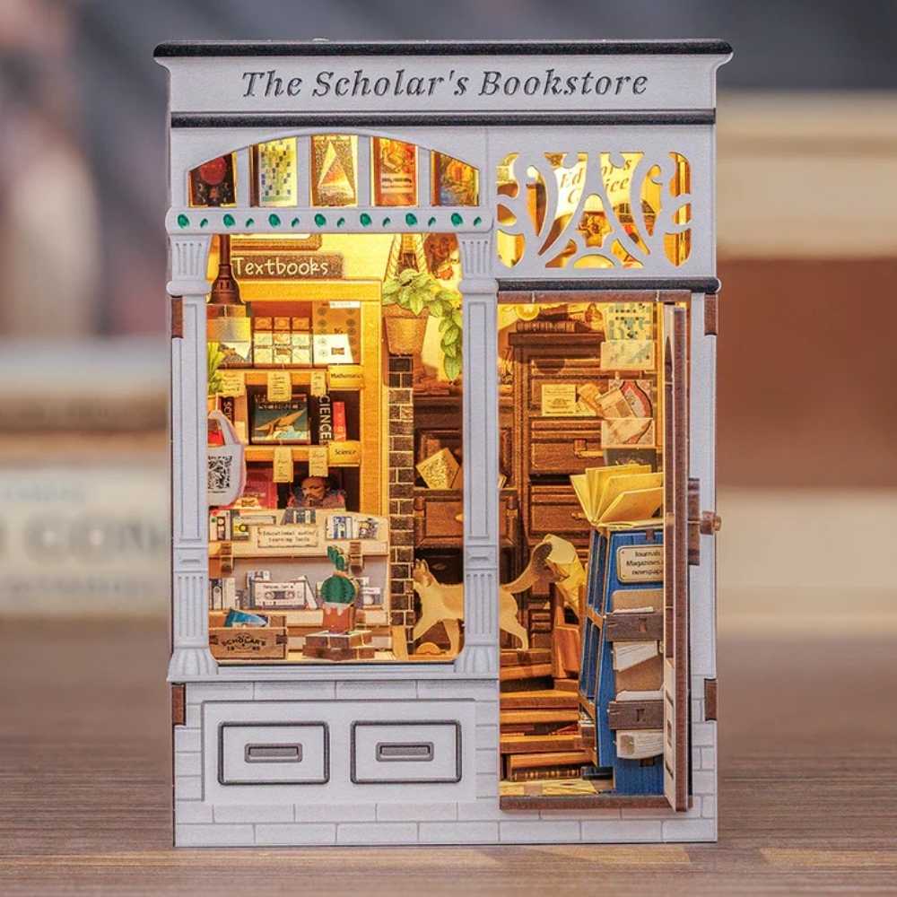 scholar's bookstore mini book nook white columns golden textbooks staircase warm LED light