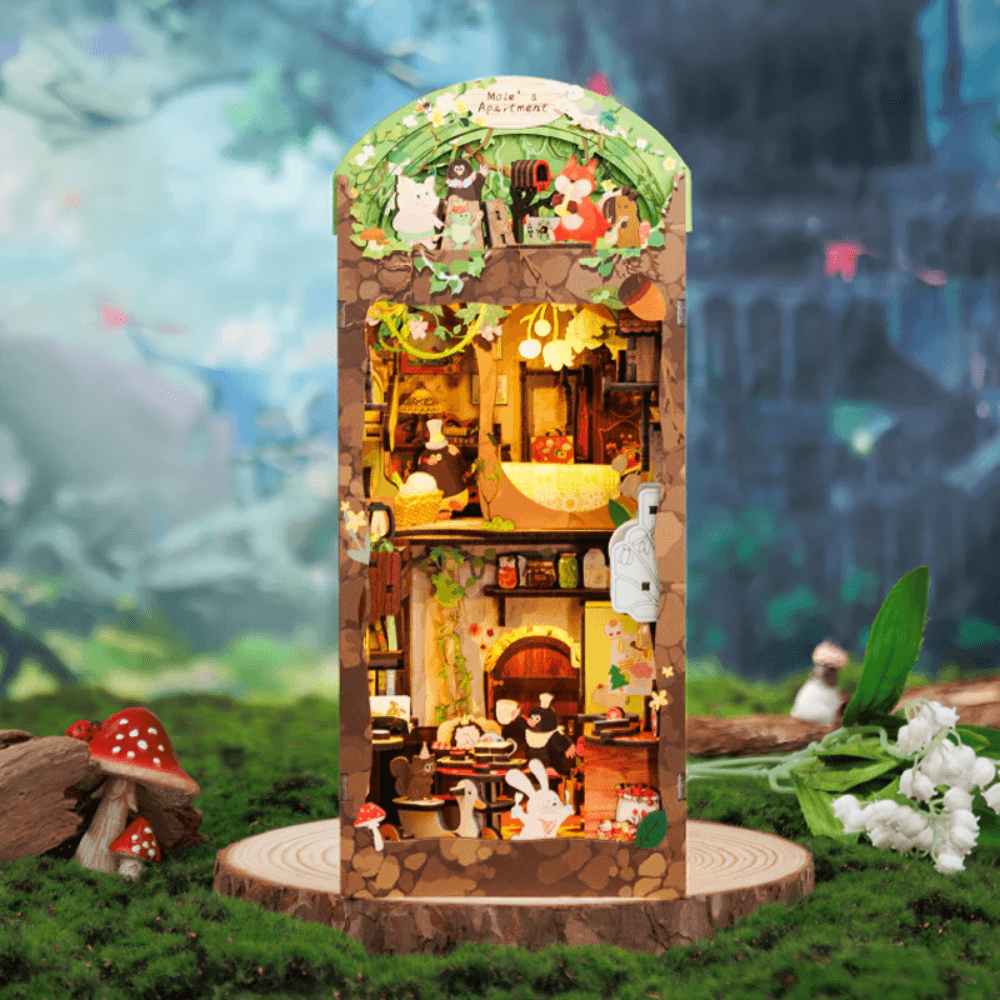 whimsical miniature book nook woodland creatures two-story LED lighting