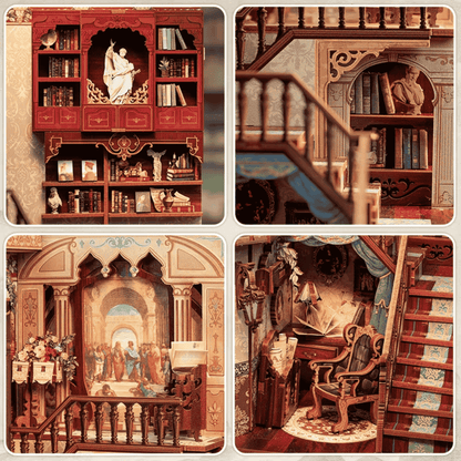 dark academia diorama miniature renaissance library staircase green armchair classical fresco 281