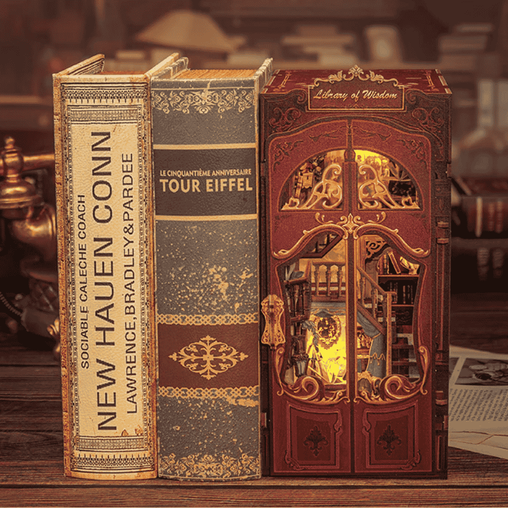library of wisdom book nook openable art nouveau door raphael school of athens 2 levels warm touch LED