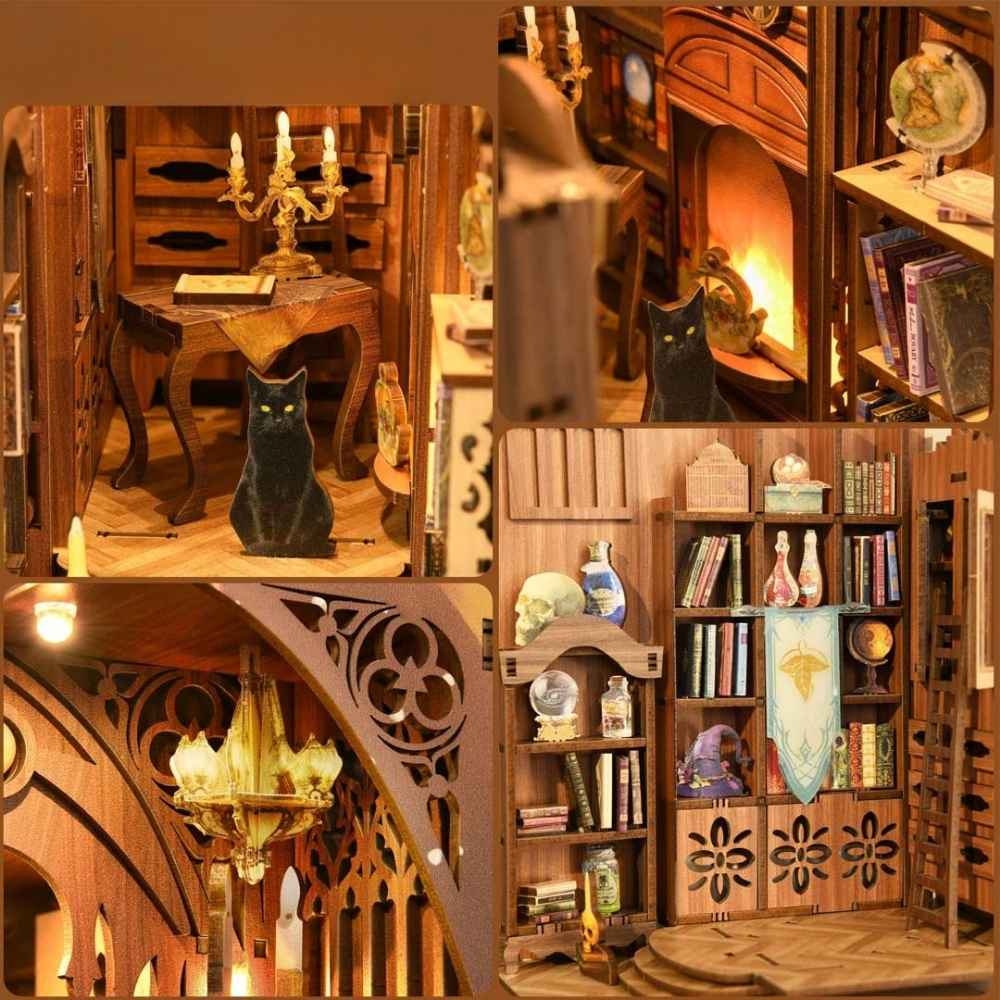 magic library diy book nook dual doors grimoires crystals cauldron glowing LED wooden