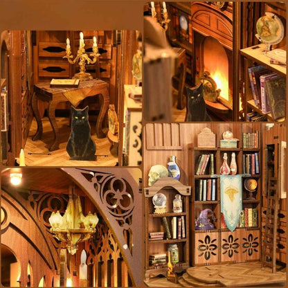 magic library diy book nook dual doors grimoires crystals cauldron glowing LED wooden