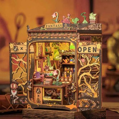 antasy Plant Shop book nook DIY assembled — two-level magical plant store with carnivorous plants on roof and warm LED interior