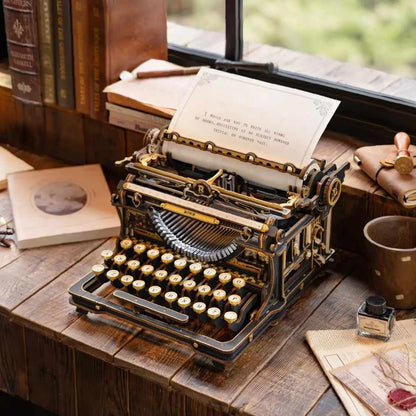 mechanical vintage typewriter model kit linden wood no batteries working carriage classic version black gold