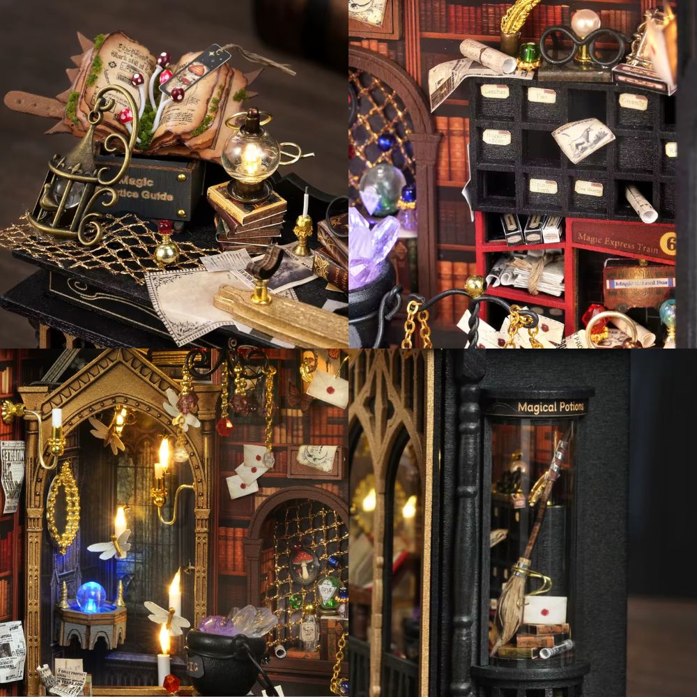 Glowing violet cauldron inside Starspell Cabinet miniature house : magic study interior lighting