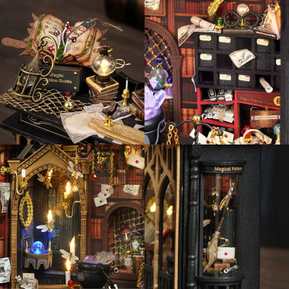 Glowing violet cauldron inside Starspell Cabinet miniature house : magic study interior lighting