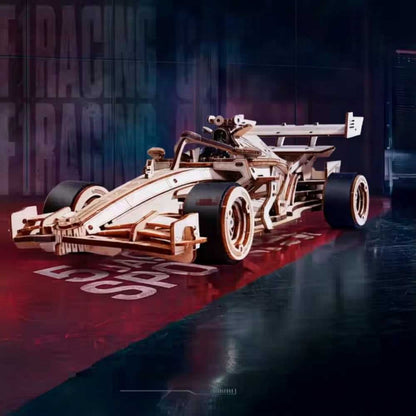 formula racing car 3d wooden puzzle f1 style driver figure rubber tires rear wing natural birch wood 31cm