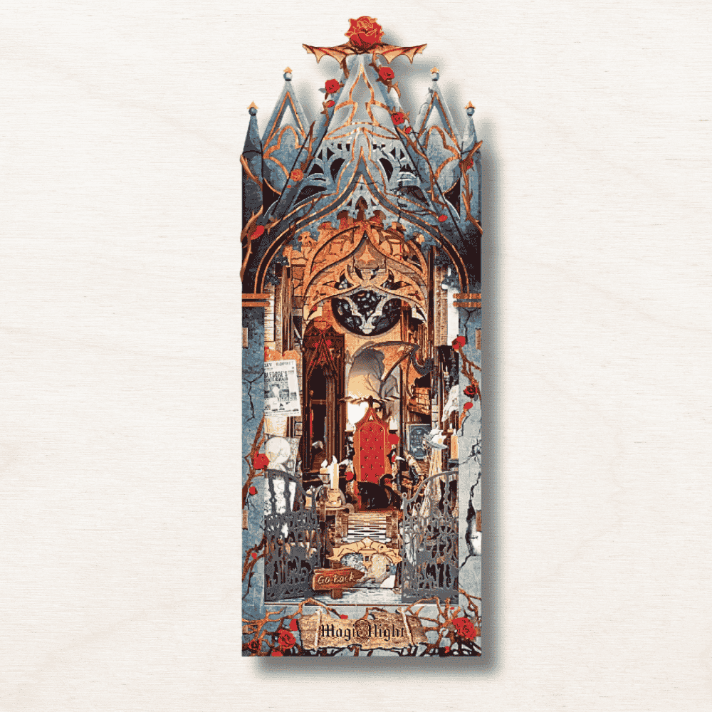 fantasy diorama gothic arch rose thorns black cat crimson throne iron gate ACOTAR style dark fantasy