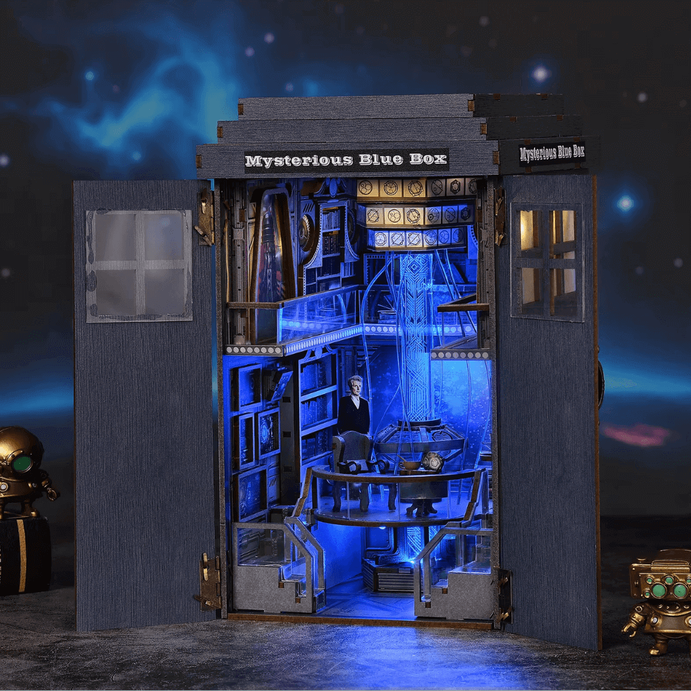 doctor who book nook mysterious blue box tardis opening doors blue LED interior console