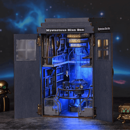 doctor who book nook mysterious blue box tardis opening doors blue LED interior console