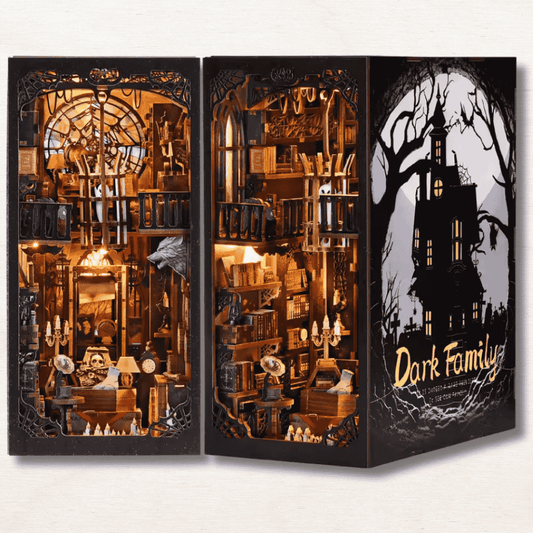 dark family book nook addams family style haunted manor skull wolf candelabras cobweb window warm LED amber