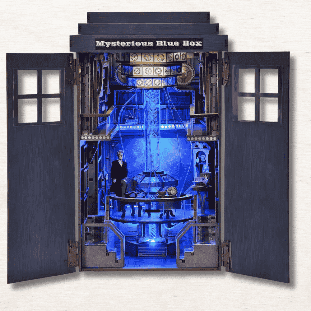 DIY book nook doctor who level 4 368 pieces sci-fi british shelf decor functional doors blue light
