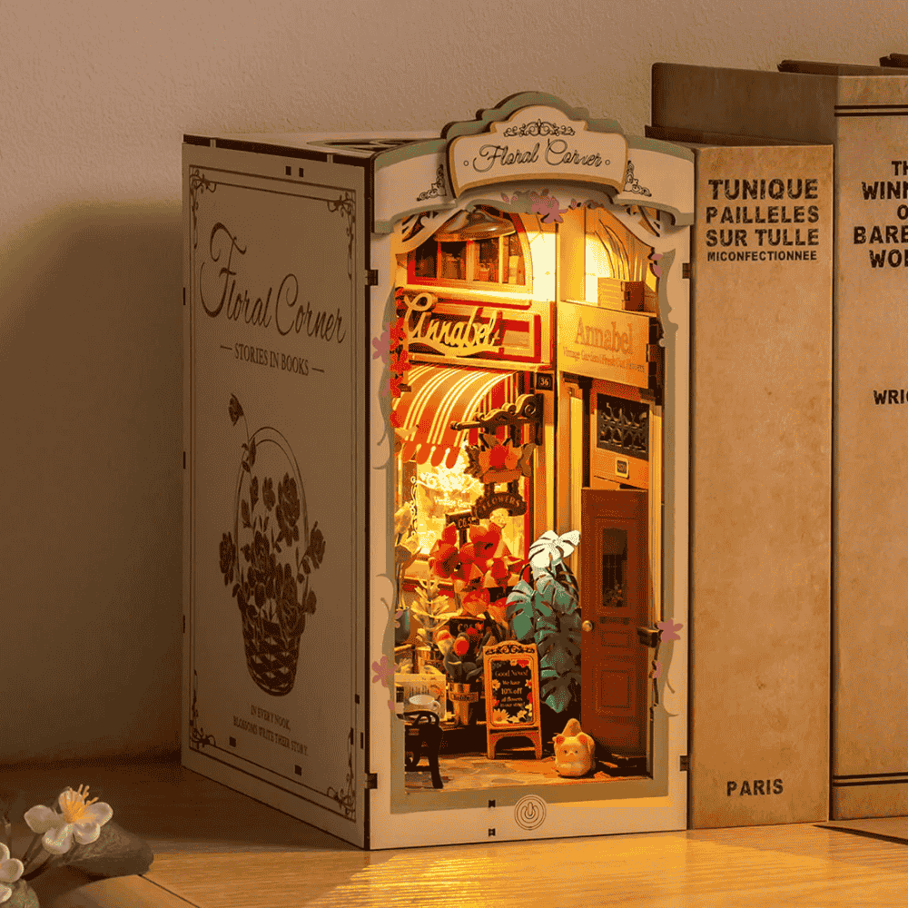 floral corner book nook rolife flower shop european street white cat cobblestone bench teacup warm LED