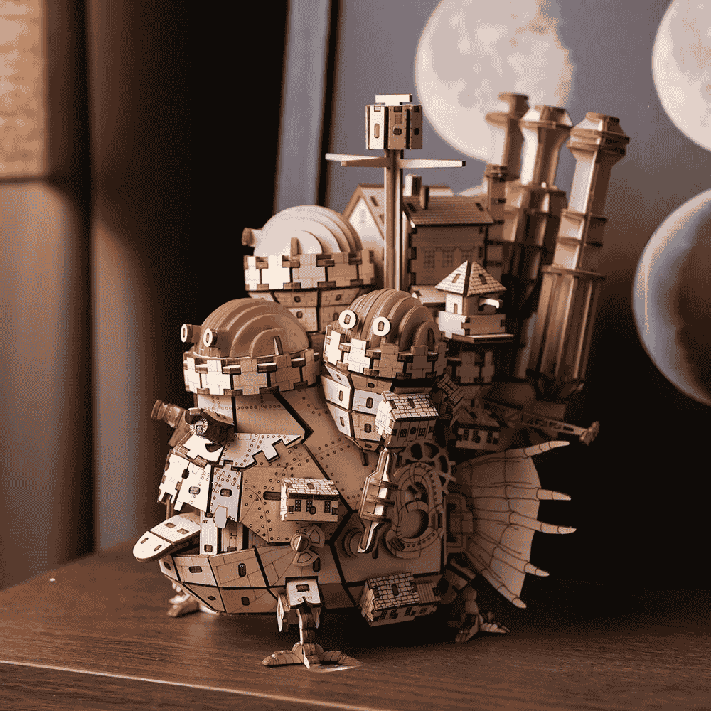 howl's moving castle 3d wooden puzzle ghibli steampunk spider legs gears chimneys no glue 18cm natural wood