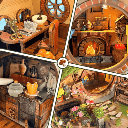 lord of the rings miniature diorama hobbit hole oval base fireplace kitchen study round window flowers