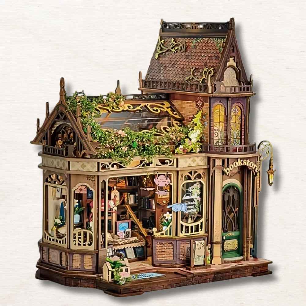 English Botanical Bookstore DIY miniature house assembled — Victorian Gothic bookshop with rooftop garden and bay windows