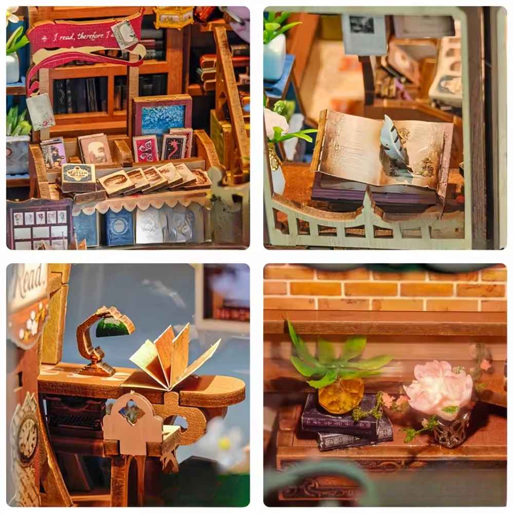 Rooftop garden detail on English Botanical Bookstore miniature house — miniature flowers and ivy over wrought iron railings