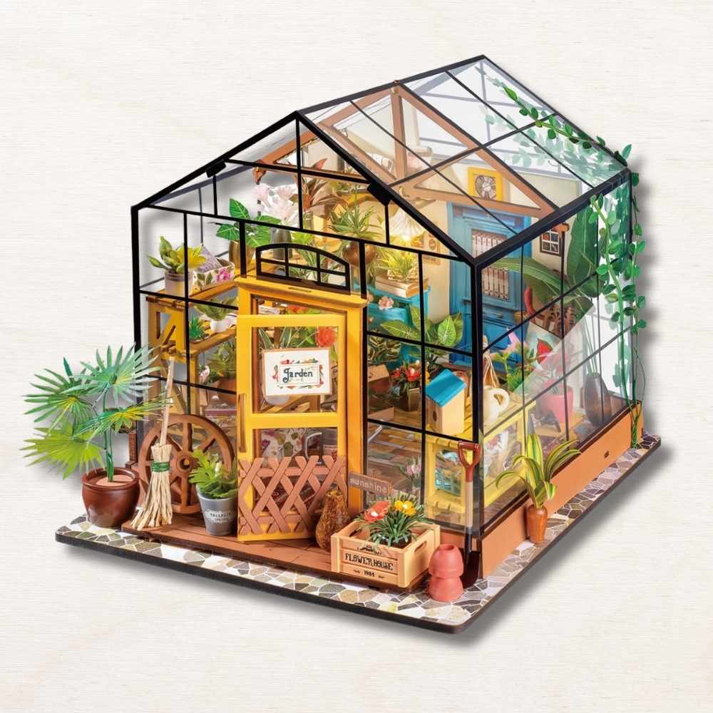 Wooden cabinets and slatted crates in Cathy's Flower House miniature house kit — greenhouse storage detail