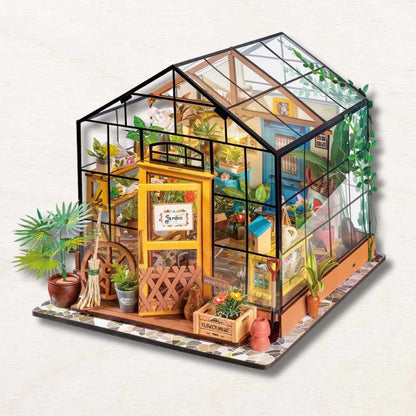 Wooden cabinets and slatted crates in Cathy's Flower House miniature house kit — greenhouse storage detail