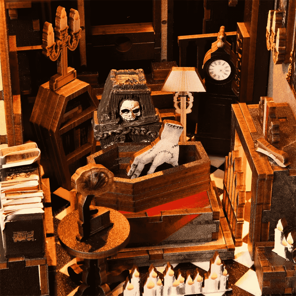gothic diorama 2 scenes sitting room library floor to ceiling books grey wolf candles grandfather clock