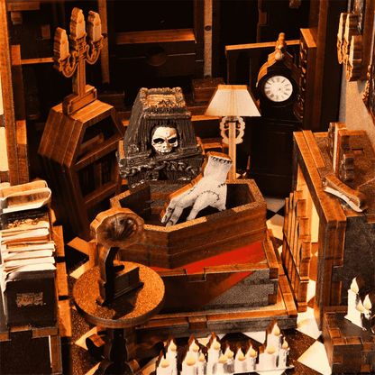 gothic diorama 2 scenes sitting room library floor to ceiling books grey wolf candles grandfather clock