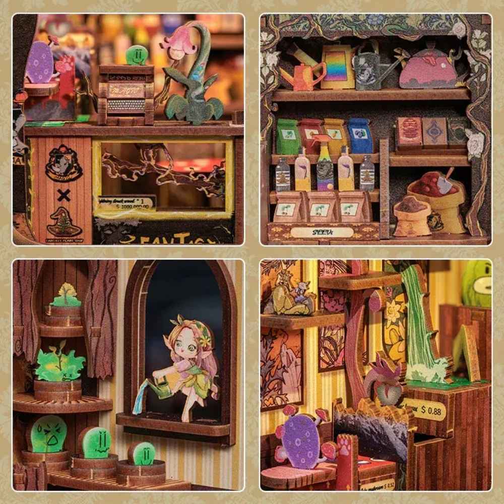 Fantasy Plant Shop book nook rooftop — carnivorous plant, cactus and FANTASY sign with gold botanical cutouts