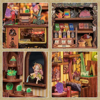 Fantasy Plant Shop book nook rooftop — carnivorous plant, cactus and FANTASY sign with gold botanical cutouts