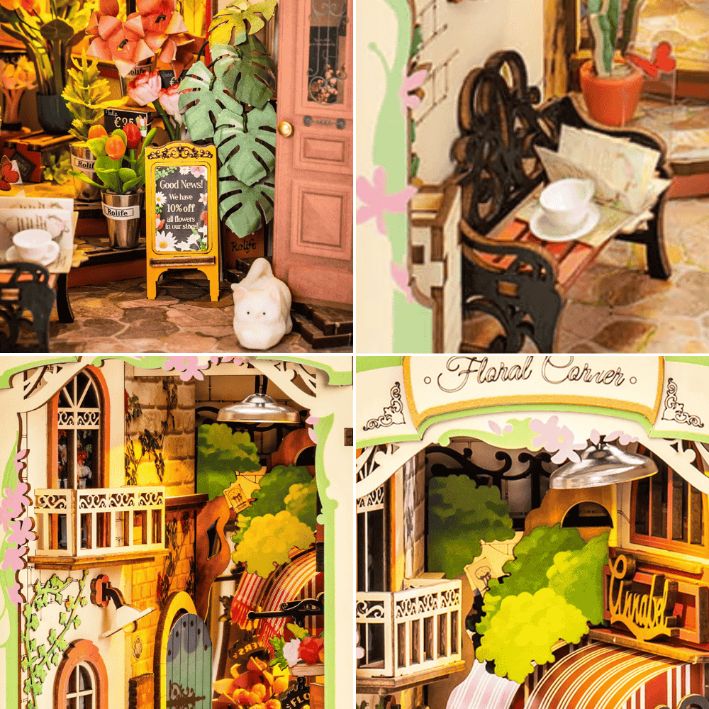 cottagecore diorama miniature flower shop monstera striped awning spring scene 164 pieces bookshelf