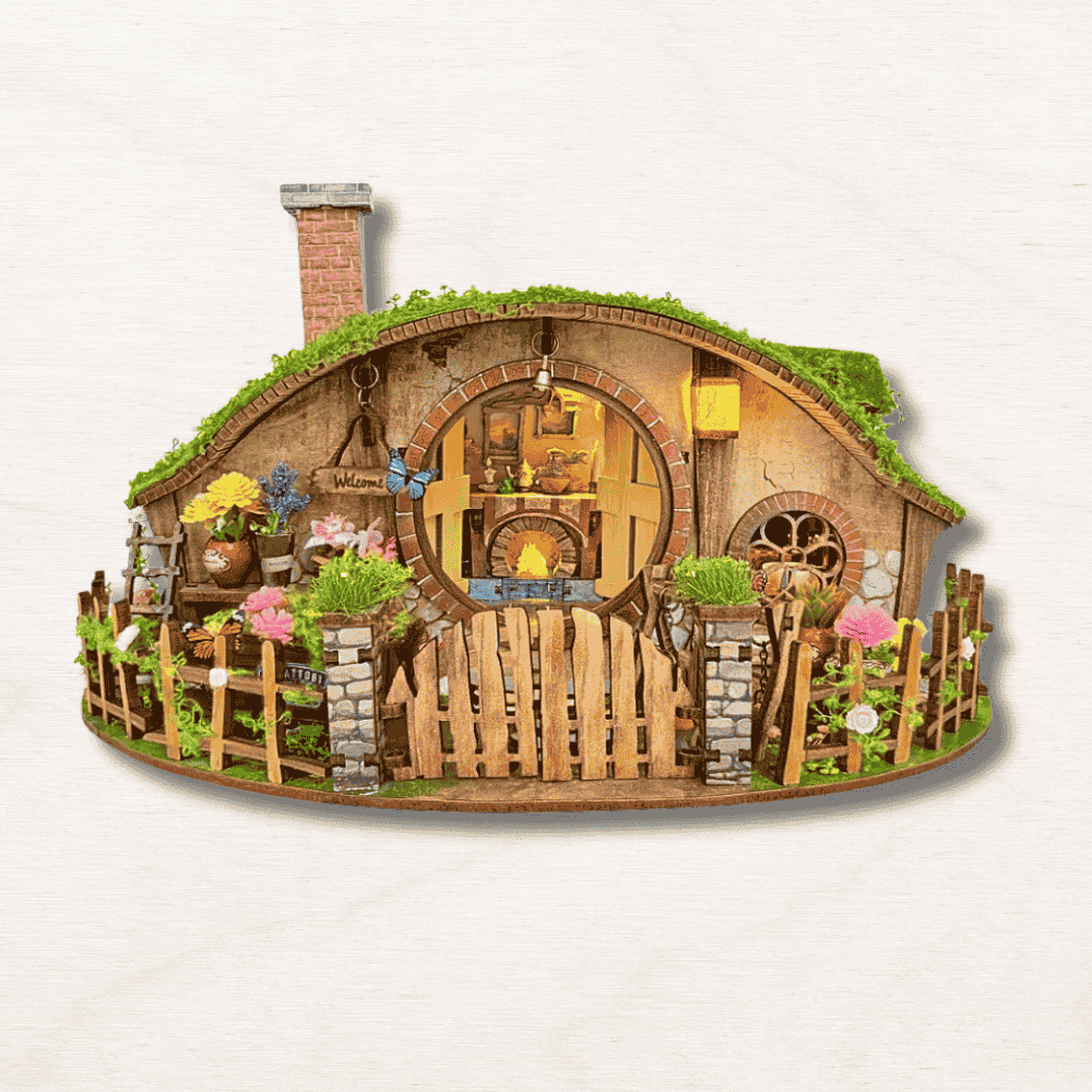 hobbit book nook bag end shire round door glowing hearth garden butterflies moss real natural tolkien