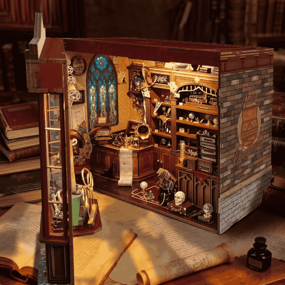 magic boutique book nook diagon alley style burgundy facade glass display cases four house crest touch LED warm
