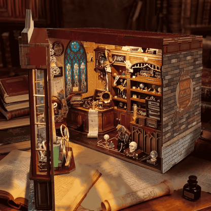 magic boutique book nook diagon alley style burgundy facade glass display cases four house crest touch LED warm