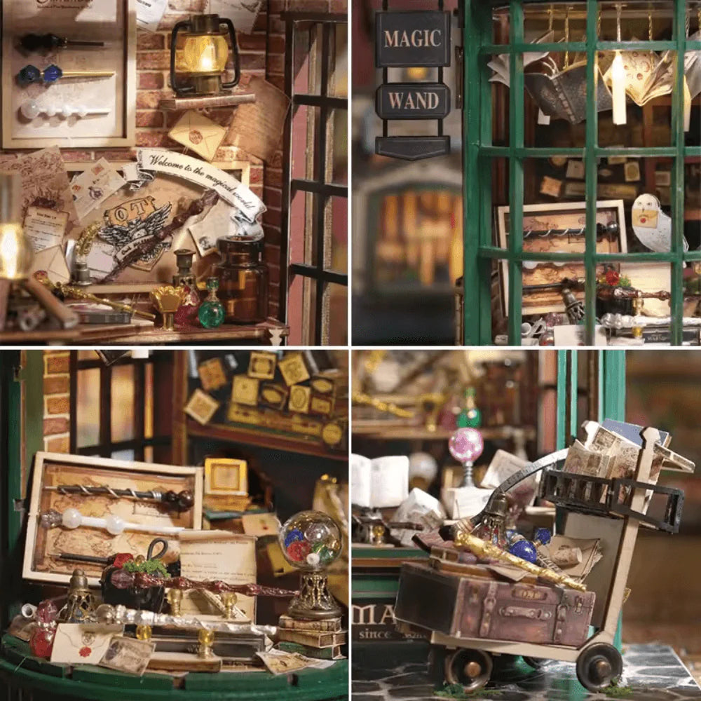 miniature wand display case potion bottles spell books close up detail
