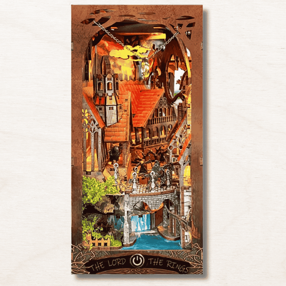 lord of the rings book nook middle earth minas tirith gothic towers canal gondola soldiers steel chain warm LED
