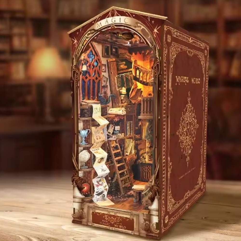Magic World book nook DIY assembled multi-level wizard's study with Gothic arch and warm amber LED glow