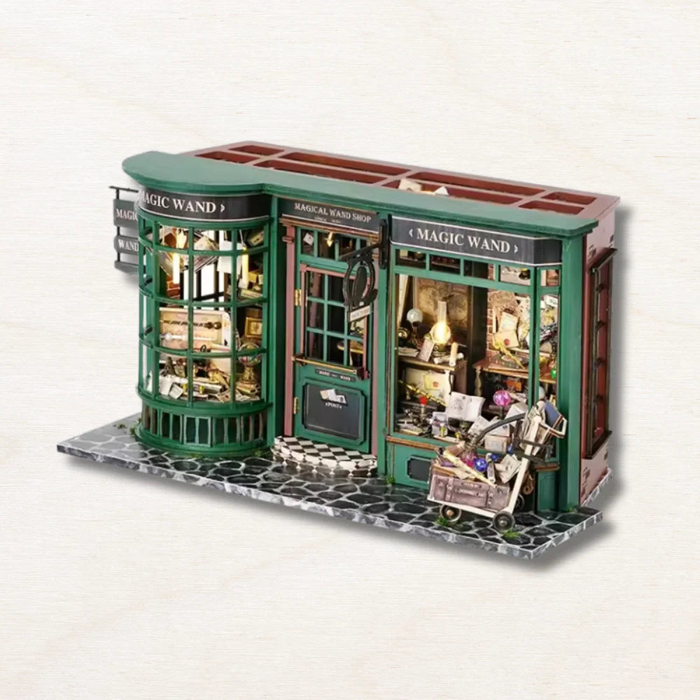 magical wand shop diy miniature bay windows cobblestone green facade