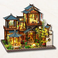 Three-level Japanese temple miniature dollhouse with garden