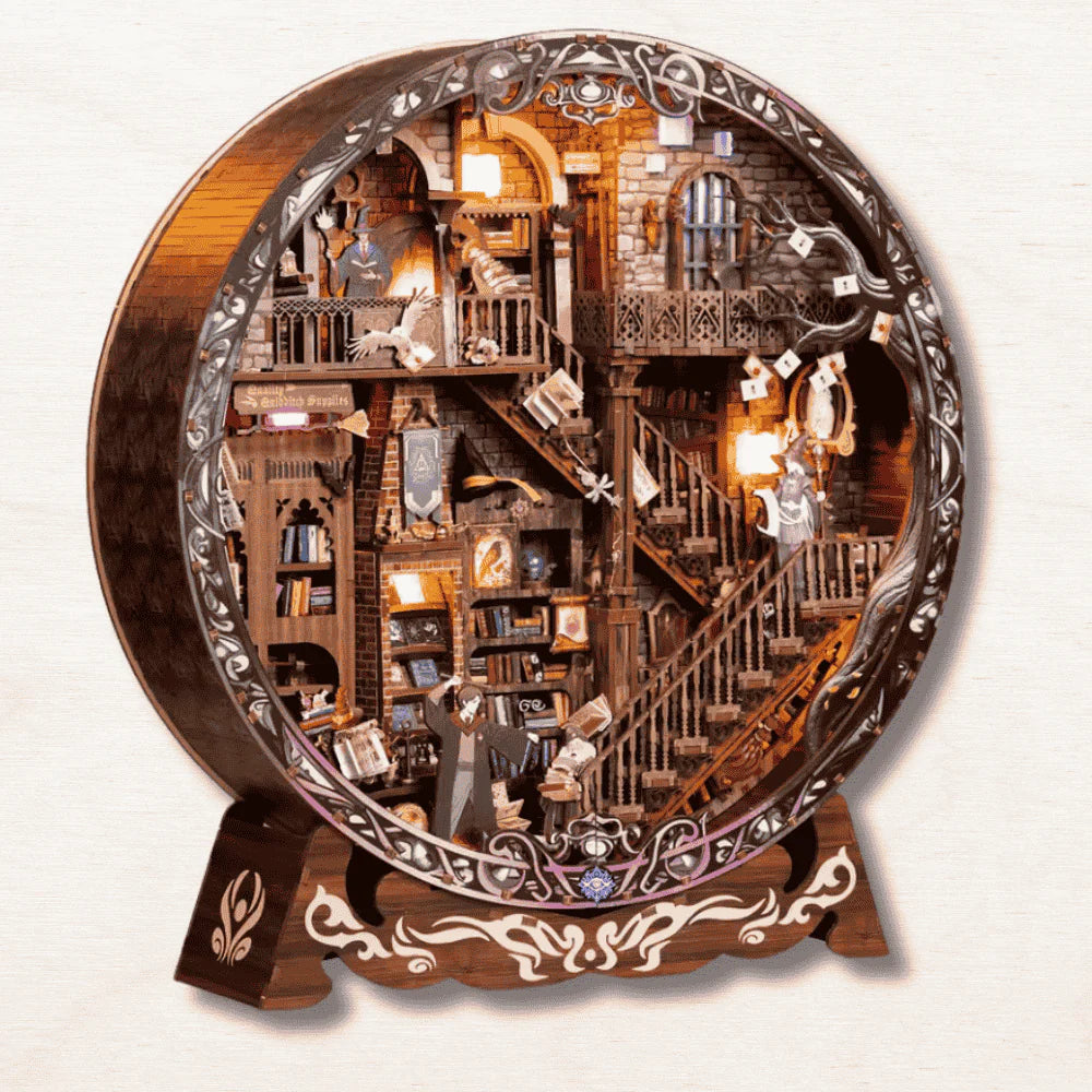 harry potter inspired wizarding academy library diorama multi-level stone walls gothic balustrades floating letters